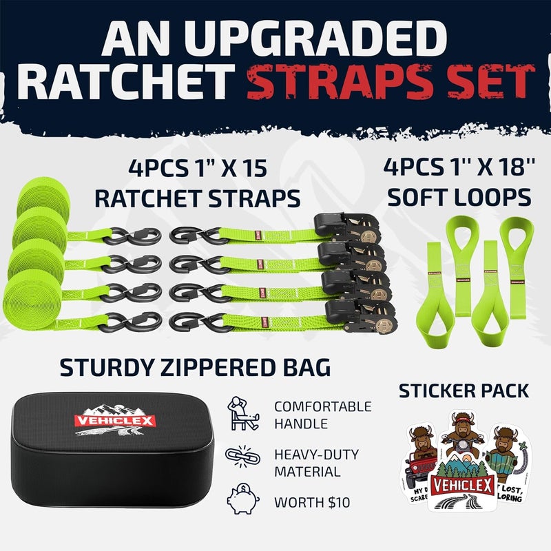 Vehiclex Ratchet Tie-Down Straps Set - (1" x 15', 2200lbs Breaking Strength) - Soft Loops, Coated S-Hooks, Storage Bag for ATV, Motorcycle, Bicycle, Kayak, Cargo Securing, Green - Image 4